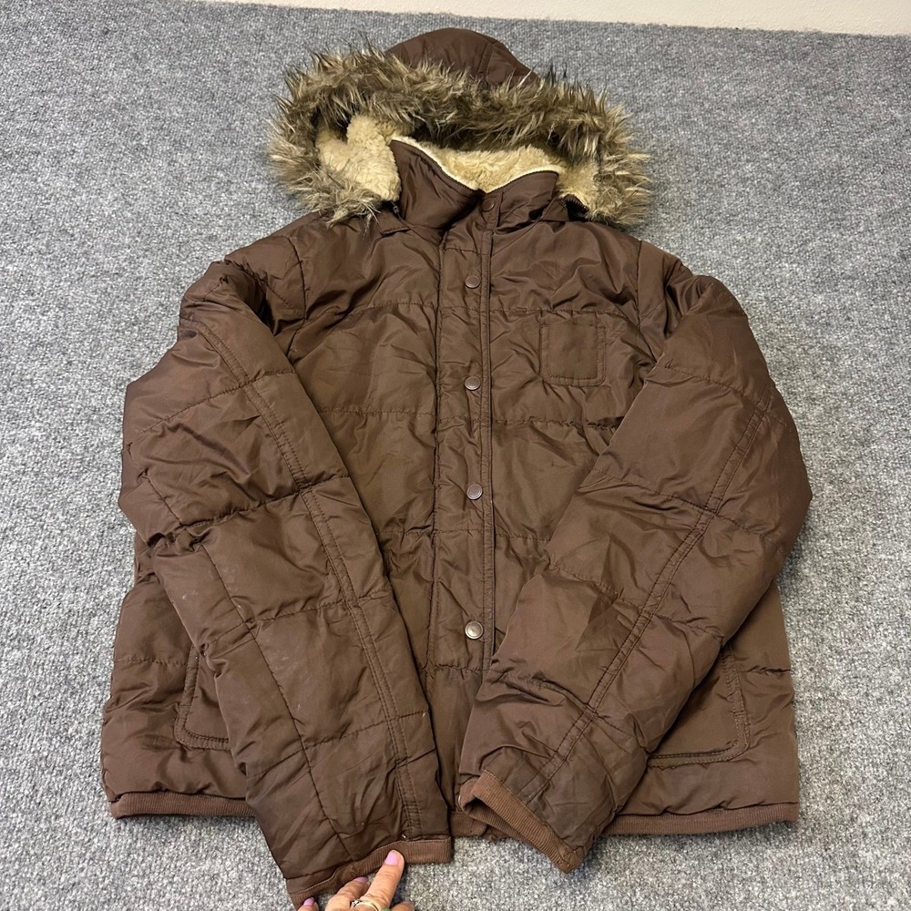 Aeropostale Puffer Jacket Womens Size L Brown Faux Fur Hood Quilted Winter Coat